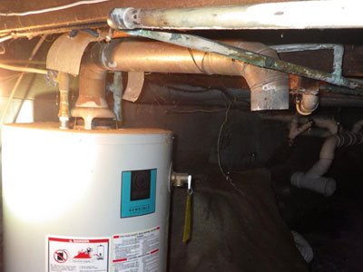 Active LP gas hot water tank exhausting in the basement, Very dangerous for carbon monoxide poisoning.
